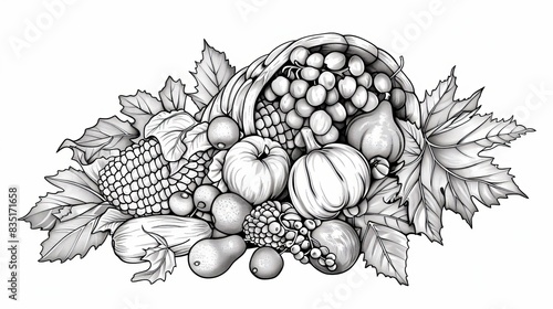 The Horn of Plenty. A Thanksgiving cornucopia filled with fall fruits and vegetables. Modern illustration coloring page with lineart.