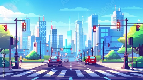 Cartoon modern illustration of a busy crossroads and cityscape. Colorful cars go by road between the garden squares, traffic lights stand along the street, at background skyscrapers.