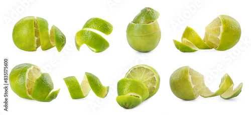 Fresh limes with peel isolated on white, set