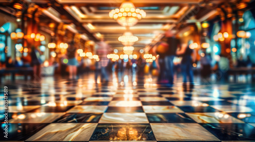 Luxurious hotel lobby with checkered marble floor, glamorous chandeliers