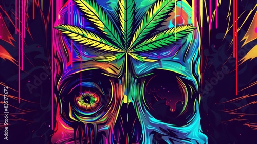 The abstract line stripe background features a cannabis leaf, an eye, and a skull.