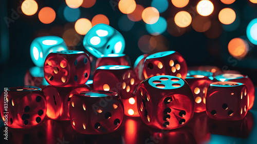 Glowing dice in a casino.Colorful lights on various backgrounds