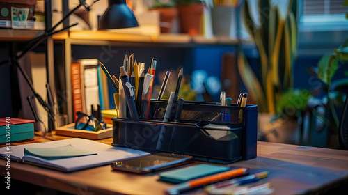 A desk with a desk organizer full of pens, pencils, and other writing utensils