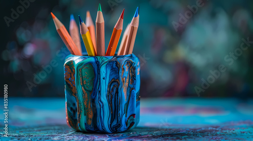 A blue and green bowl with pencils in it