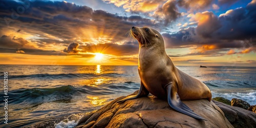 Sea lion basking in the glow of a stunning sunset , marine mammal, wildlife, animal, nature, ocean, sea, evening, twilight, horizon, peaceful, tranquil, relaxing, beauty, coastal