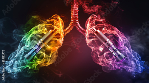 Two electronic cigarettes are depicted emitting colorful smoke that forms the shape of human lungs against a dark background, highlighting the health implications of vaping.