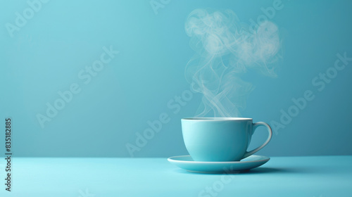 Blue cup with pastel smoke wafting upwards on a blue background. A gentle and inviting advertising shot with warm steam from a hot drink. Close-up with minimal design and copy space.