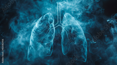 A digital illustration of human lungs surrounded by swirling smoke, representing the effects of smoking on respiratory health.