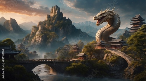 Game art dragon watching over an asian village