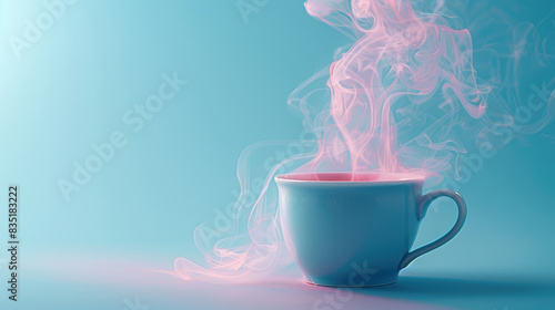 Pastel blue cup with pink steam rising against a blue background, featuring realistic smoke from a hot drink. Ideal for cozy and calming advertising with a soft focus and inviting copy space.
