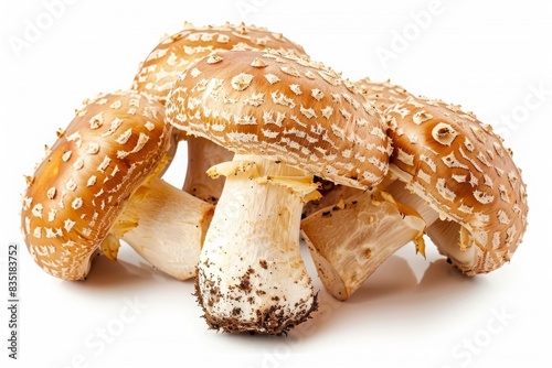 Cluster of brown mushrooms with textured caps. Detailed macro photography on a white background. Mushroom illustration for design and print. Generative AI