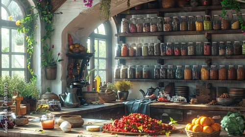 A cozy rustic kitchen abundant with jars of preserved foods, fresh fruits, and vegetables, bathed in warm sunlight streaming through the windows.