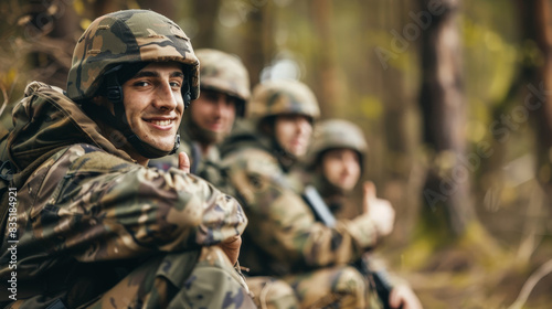 Smiling Soldiers in Camouflage Uniforms Resting in Forest During Training