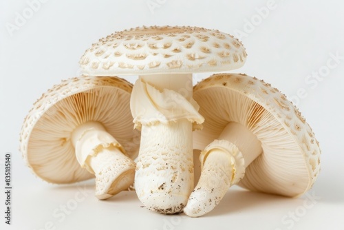 Cluster of white mushrooms with scaly caps and gills on a white background. Nature macro photography. Fungi identification and texture concept. Generative AI