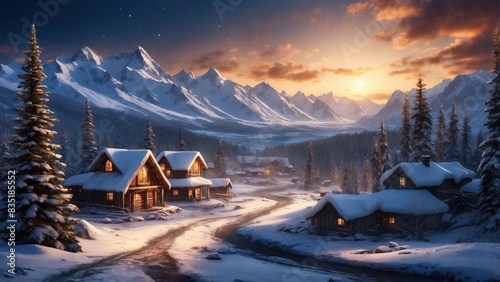 Fantasy landscape winter cottage in the mountains