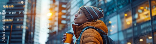 Parkour Athlete Sipping Coffee Amidst Towering Urban Cityscape