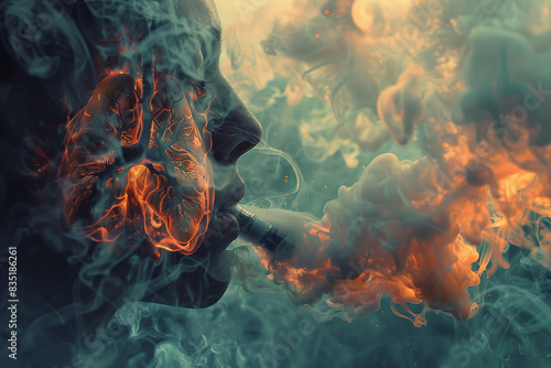 A person exhales vibrant smoke, with glowing, artistic depictions of lungs, illustrating the impact of vaping or smoking on respiratory health.