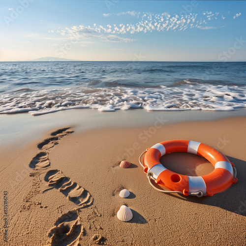 Photorealistic image of a lifebuoy on a beach, with gentle waves approaching, surrounded by seaweed and small rocks, under a bright blue sky