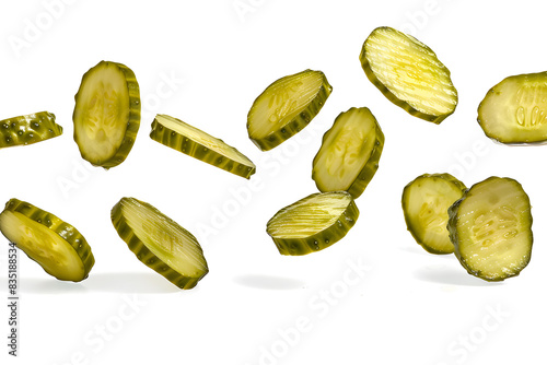 Falling pickled cucumber slices isolated on white background