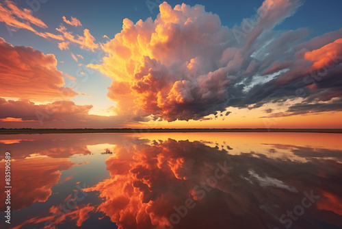 a dramatic sky filled with large, fluffy cumulus clouds at sunset