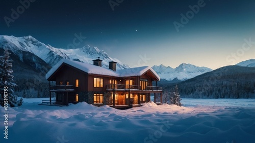 Landscape of wooden hotel in beautiful winter mountain valley
