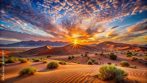 Vibrant sunrise over the Namib desert dunes , Namibia, Africa, desert landscape, sand dunes, sunlight, early morning, colorful sky, dawn, arid, remote, tranquil, natural beauty, silhouette