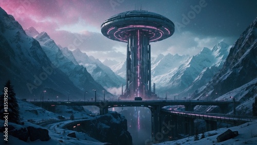 Game art showing cyber technical layout of buildings constituting a research station on a very frosty planet, in the background you can see even apocalyptic mountains, which are covered by frozen snow