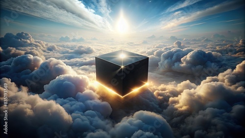 Mysterious black box floating in a cloud with glowing light illuminating from within , technology, artificial intelligence, AI, cloud computing, futuristic, mystery, sci-fi, innovation