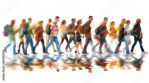 Crowd of people walking in blurred motion isolated on white background, pop-art, png 