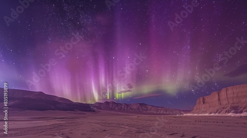 Southern Lights over a desert landscape, with the stark contrast of colorful lights against the barren, sandy ground.