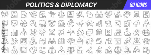 Politics and diplomacy line icons collection. Big UI icon set in a flat design. Thin outline icons pack. Vector illustration EPS10