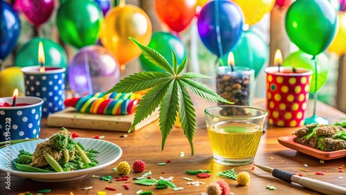 Table with cannabis joint and party decorations , cannabis, joint, party, celebration, relaxed, socializing, sharing, friends, table, decor, festive, marijuana, smoking, recreational