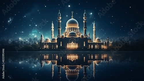 The beautiful serene mosque at night in the blessed month of ramadan the illuminated, Copy space, generative ai