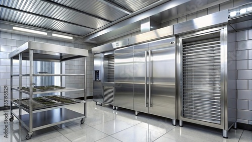 Large commercial refrigerator closed in a kitchen , industrial, appliance, storage, food, cold, closed, kitchen, interior, fridge, white, metallic, modern, equipment, commercial