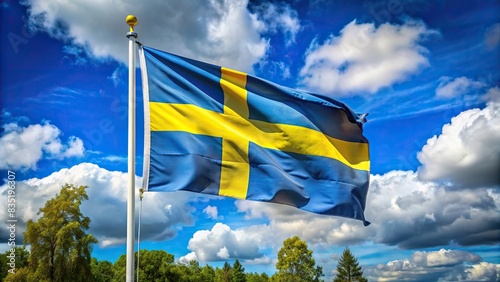 Swedish flag waving in the wind, representing patriotism and national pride, Sweden, Scandinavian, Nordic, blue and yellow, cross design, national symbol, Scandinavian flag, Europe