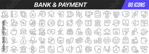 Bank and payment line icons collection. Big UI icon set in a flat design. Thin outline icons pack. Vector illustration EPS10