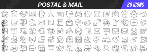 Postal and mail line icons collection. Big UI icon set in a flat design. Thin outline icons pack. Vector illustration EPS10
