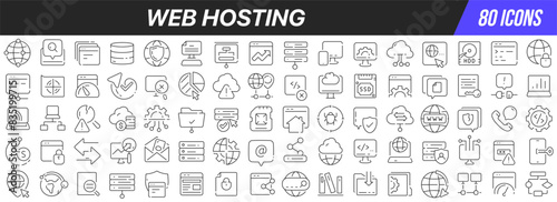 Web hosting line icons collection. Big UI icon set in a flat design. Thin outline icons pack. Vector illustration EPS10
