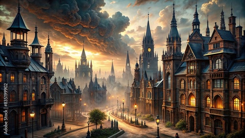 Gothic Victorian cityscape with no people, gothic, victorian, cityscape, architecture, buildings, dark, eerie, ominous, vintage, historical, gothic architecture, spires, towers