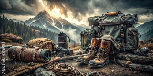 A haunting image of abandoned expedition gear in a foreboding eldritch wilderness , Distressed, Expedition, Eldritch, Wilderness, Bewildered, Lost, Explorers, Supernatural, Horrors, Abandoned