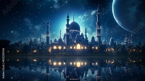 The beautiful serene mosque at night in the blessed month of ramadan the illuminated, Copy space, generative ai