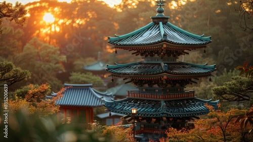 pagoda in the middle of a forest with the sun setting behind it