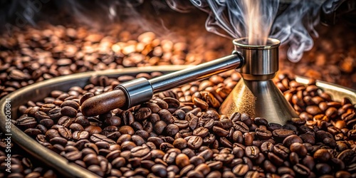 Close-up shot of coffee beans being roasted and ground, capturing the aroma and intensity of the coffee-making process , coffee, beans, roasting, grinding, process, close-up, aroma