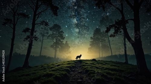 Landscape showing the wildness of the wolf in the epic forest at midnight