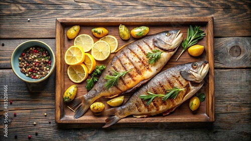 Grilled fish and potatoes on wooden tray from above with text space, grilled, fish, potatoes, wooden tray, above, horizontal, presentation, food, delicious, meal, barbecue, BBQ, seafood