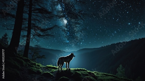 Landscape showing the wildness of the wolf in the epic forest at midnight