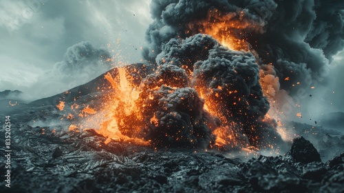 Intense volcano eruption, close-up of lava explosion, dark ash clouds overhead, showcasing raw natural power