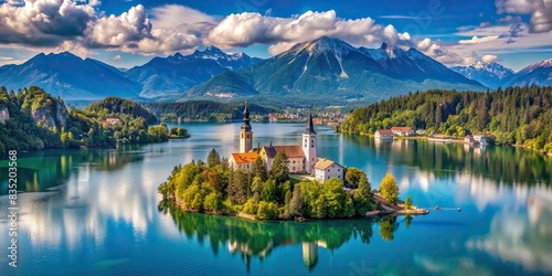 Tranquil panoramic view of Lake Bled with its iconic island church and surrounding mountains , Slovenia, European, travel destination, clear water, reflection, peaceful, landscape, nature