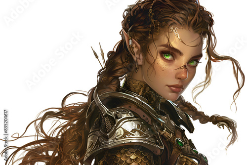 A female centaur cleric with large green eyes