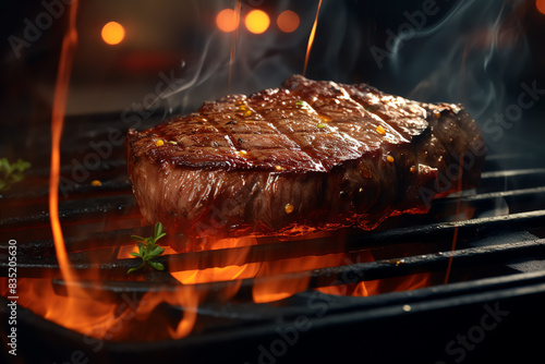 Craft a hyper-realistic CG 3D rendering of a sizzling sirloin steak